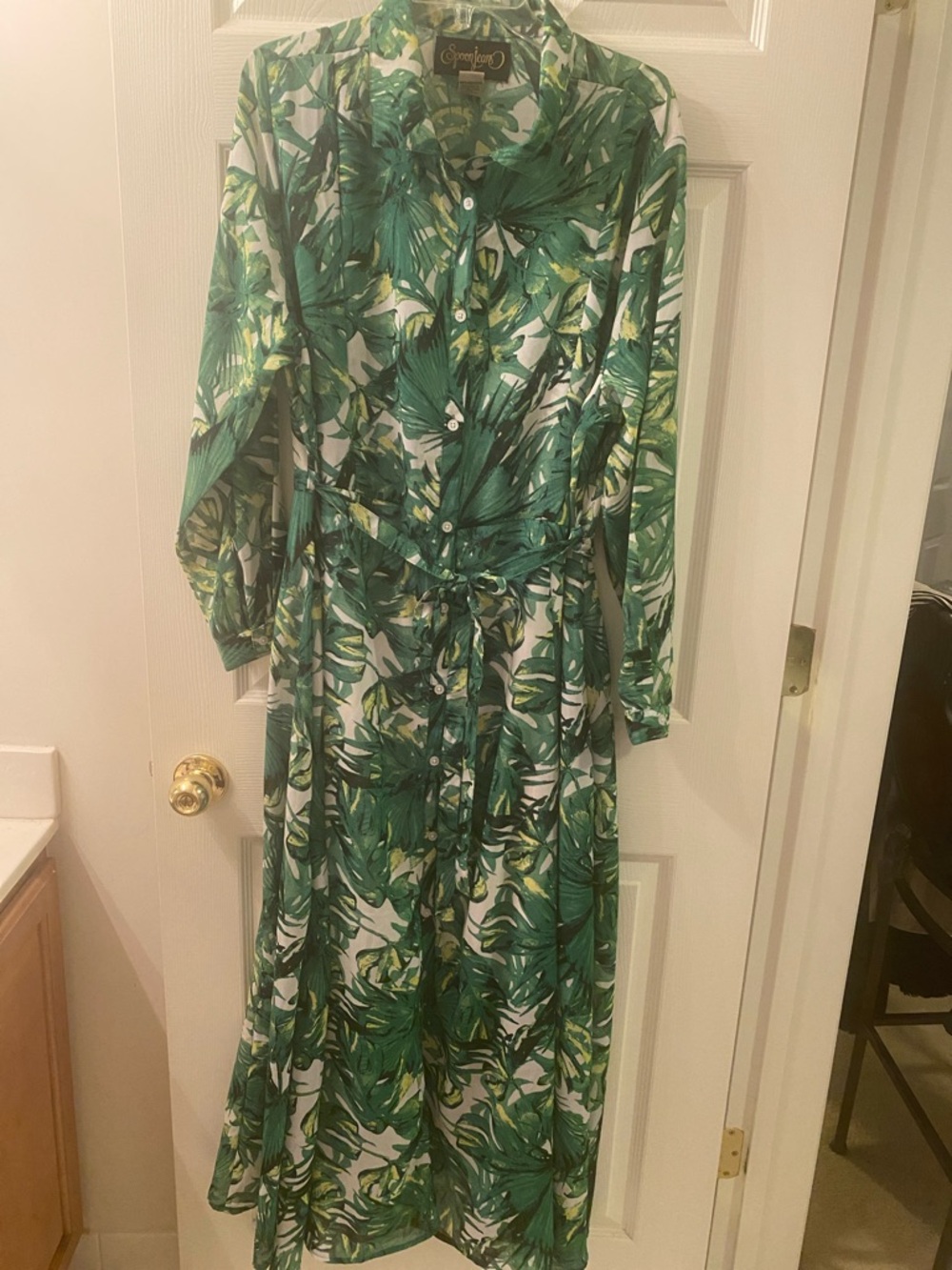Spoon Jeans Leaf-Print Button-Front Maxi Dress with Self-Tie Waist - Green